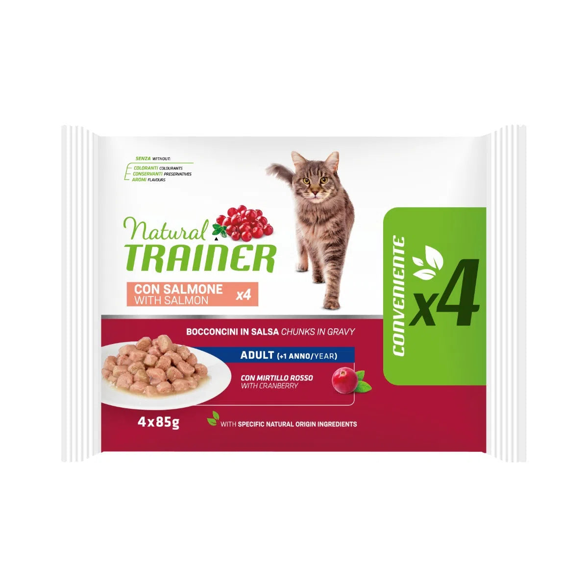 Natural Trainer Adult con Salmone 4x85g - Gatti Adulti Natural Trainer Adult con Salmone 4x85g - Gatti Adulti